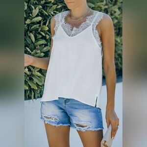 White Eyelash V Neck Cami Tank Top